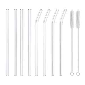 Kitchen: 8 Pcs Reusable Glass Drinking Straws Set with Cleaning Brush