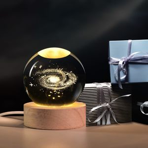 3D Crystal Ball Night Light Wooden Base USB LED Lamp Moon