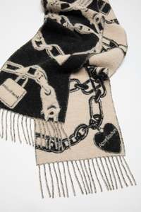 Womens Knitwear: CHAIN LOGO WOOL SCARF IN BEIGE/BLACK, SS26