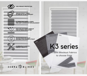 K3 Series Semi Blockout Zebra Blinds - 3 Colour Options Available
