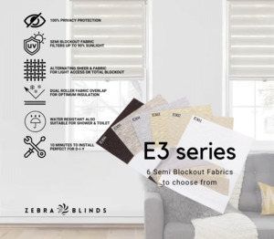 Semi Blockout Roller Blinds Fabric: E3 Series Semi Blockout Zebra Blinds - 6 Colour Options Available