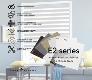 Semi Blockout Roller Blinds Fabric: E2 Series Semi Blockout Zebra Blinds - 6 Colour Options Available