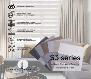 Semi Blockout Roller Blinds Fabric: S3 Series Semi Blockout Zebra Blinds - 6 colour options