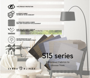 Blockout Roller Blinds Fabric: S15 Series Blockout Zebra Blinds - 7 Colour Options Available