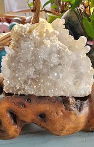 Clear Quartz with Calcite Cluster + Driftwood Stand