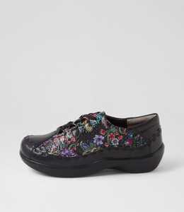 Allsorts Xw Black Floral Leather Embossed Lace Up Flats by Ziera