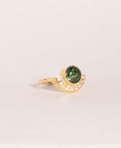 Gemstone Rings: Deco Sun Engagement Ring - 18k Yellow Gold, Round Mixed Cut Green Sapphire 2.23 carat