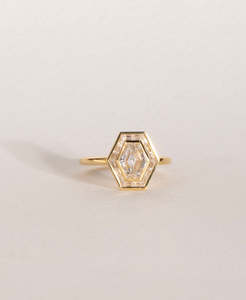 Rings: Frida Halo Engagement Ring - 18k Yellow Gold, Elongated Hexagonal Step Cut Lab Grown Diamond 1.31 carat