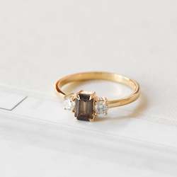 Rings: Brown Emerald Cut Sapphire with Diamonds in Yellow Gold