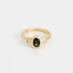 Green-Blue Sapphire & Diamond Bezel Set Three Stone Ring