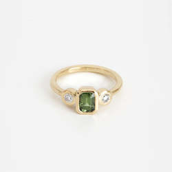 Ready To Wear: Emerald Cut Sapphire & Diamond Bezel Set Three Stone Ring