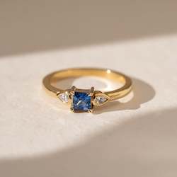 Rings: Square Blue Sapphire with Pear Diamonds in 18ct Yellow Gold