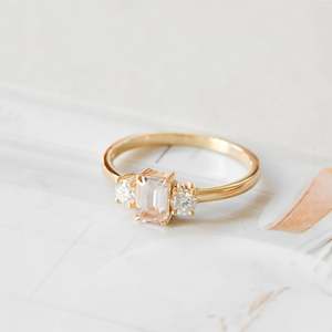 One Of A Kind: Pink Emerald Cut Sapphire with Diamonds in Yellow Gold