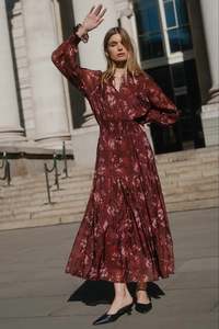 Ivy + Jack Smudge Floral Long Sleeve Shirred Waist Dress