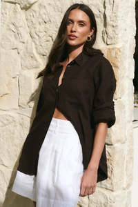 Re Union: RE:UNION Optimum Chocolate Linen Oversized Shirt
