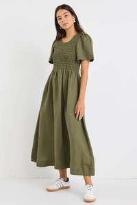 Dresses: RE:UNION Wren Khaki Linen shirred Bodice Midi Dress