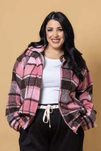 Charlo Saskia Bomber Jacket Pink Brown Tartan
