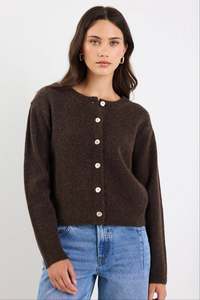 Jumpers Cardis: STORIES BE TOLD Imprint Chocolate Soft Knit Crewneck Cardigan