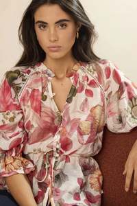 BY ROSA Usher Blush Woodland Floral Belted Button Front Top
