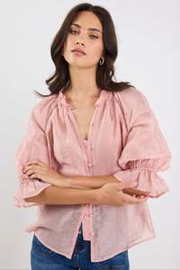 By Rosa: By Rosa Encounter Blush Textured SS Gathered Button Front Top