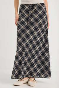 Among The Brave Rally Black Check Chiffon Tie Waist Bias Maxi Skirt